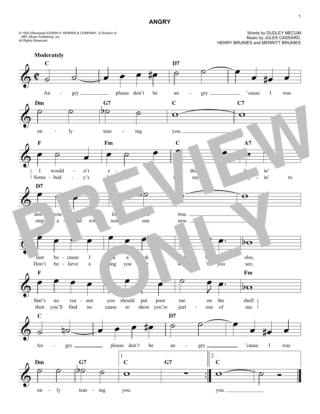Download Jules Cassard Angry Sheet Music and learn how to play Melody Line, Lyrics & Chords PDF digital score in minutes