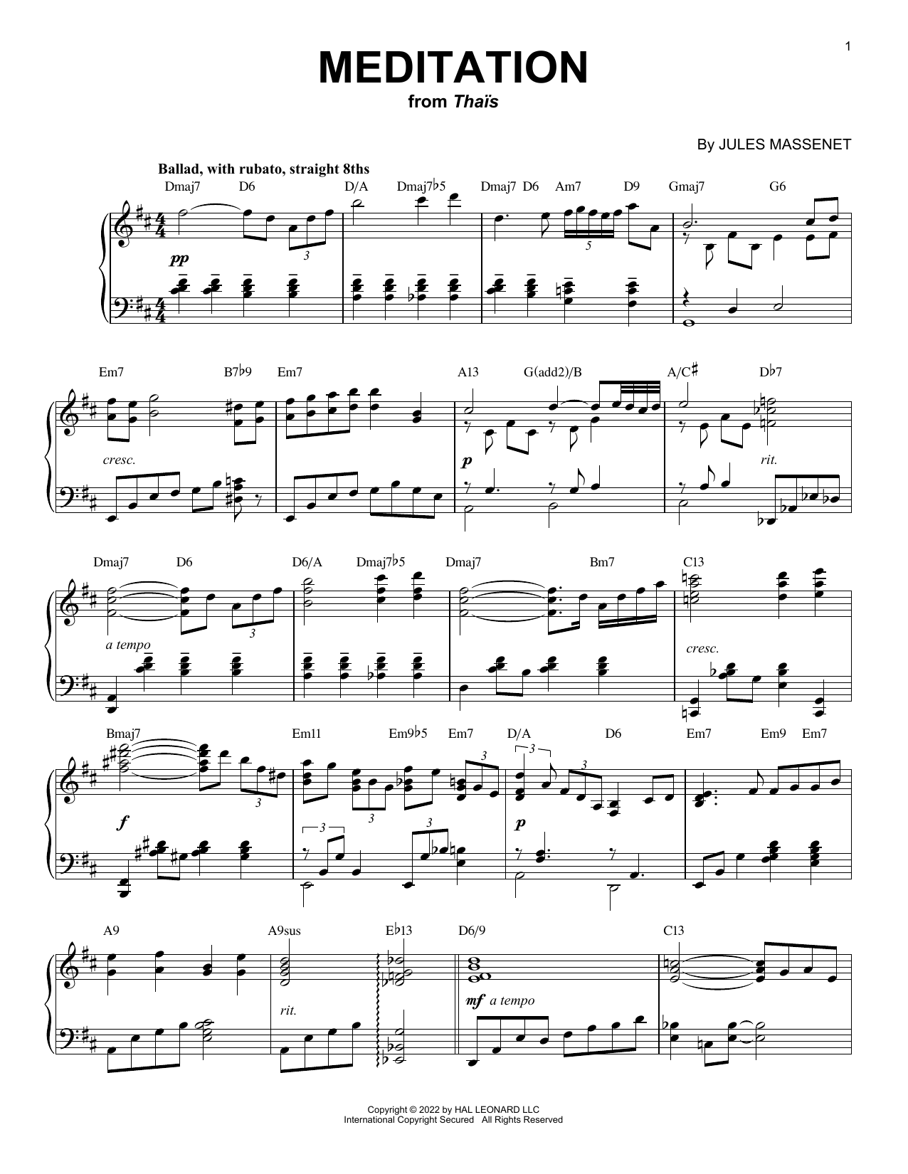 Download Jules Massenet Meditation [Jazz version] (arr. Brent Edstrom) Sheet Music and learn how to play Piano Solo PDF digital score in minutes