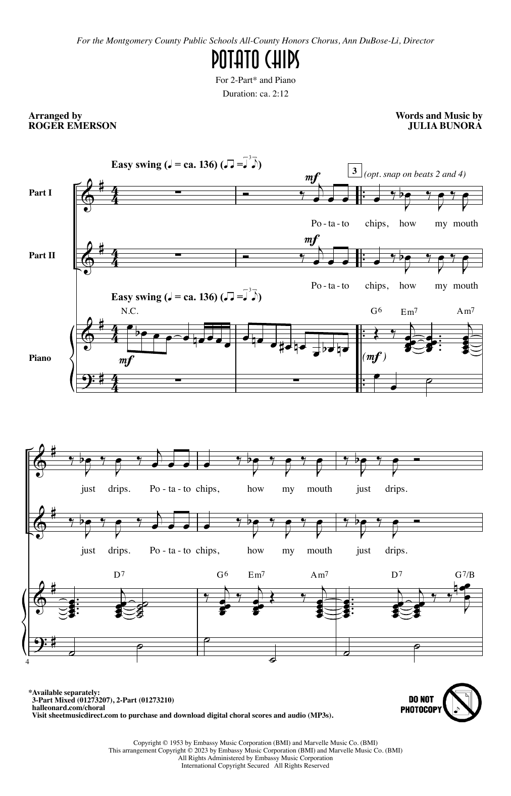 Download Julia Bunora Potato Chips (arr. Roger Emerson) Sheet Music and learn how to play 2-Part Choir PDF digital score in minutes