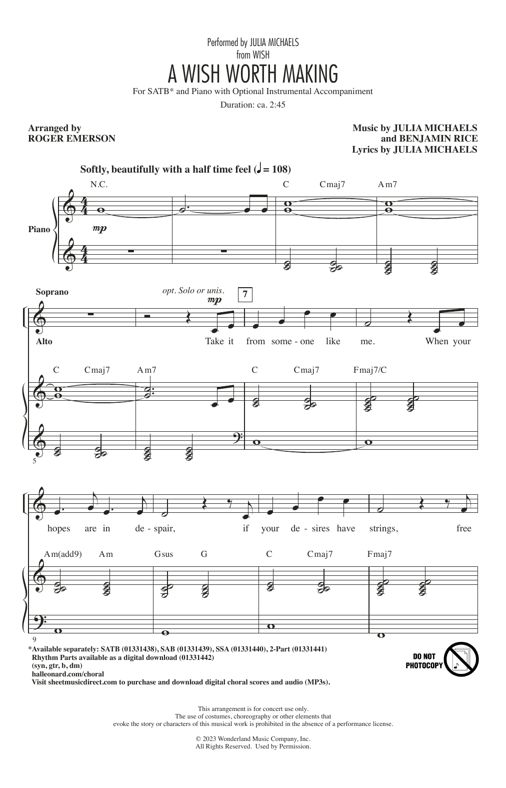 Download Julia Michaels A Wish Worth Making (from Wish) (arr. Roger Emerson) Sheet Music and learn how to play SATB Choir PDF digital score in minutes