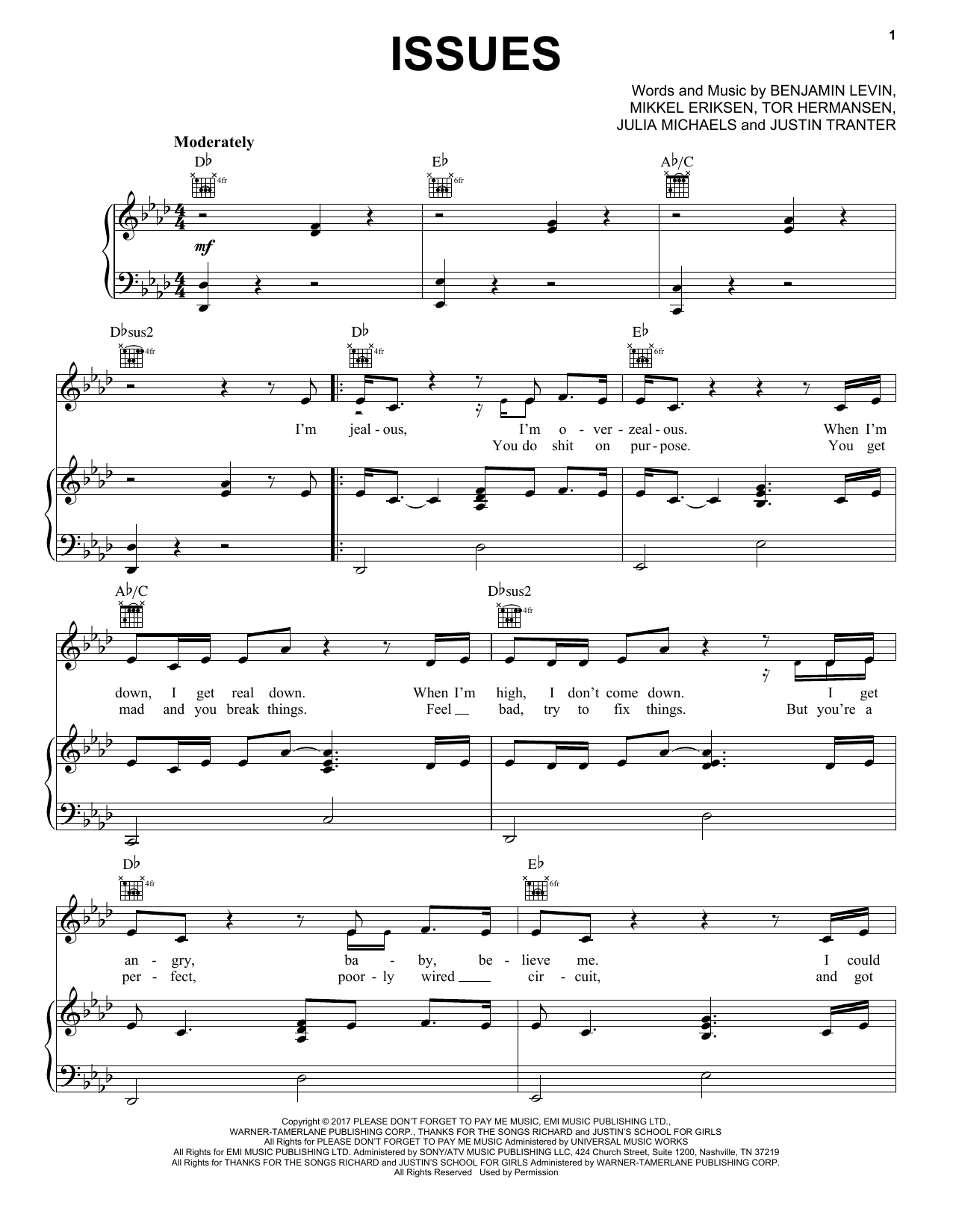 Download Julia Michaels Issues Sheet Music and learn how to play Piano (Big Notes) PDF digital score in minutes