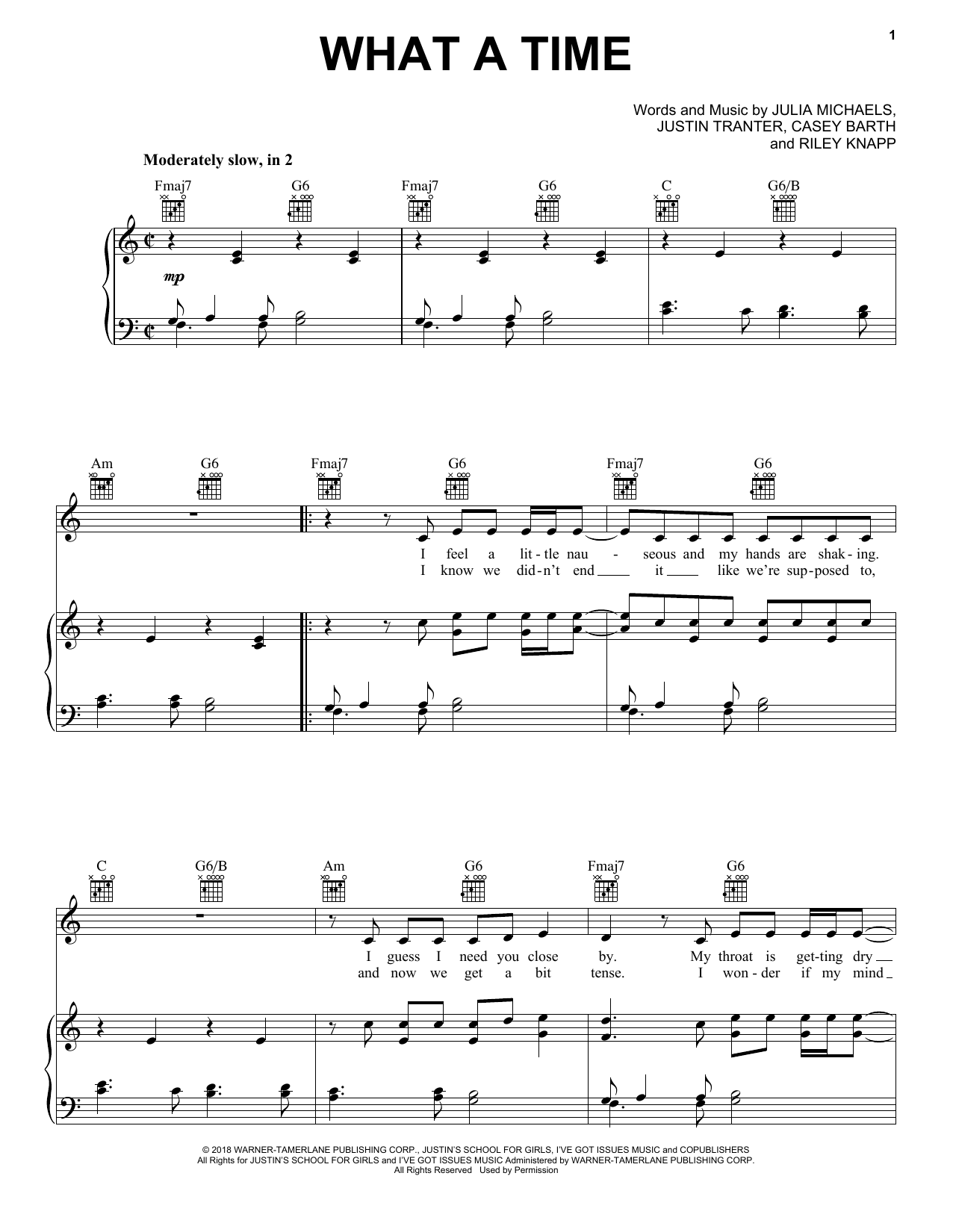 Download Julia Michaels What A Time (feat. Niall Horan) Sheet Music and learn how to play Piano, Vocal & Guitar Chords (Right-Hand Melody) PDF digital score in minutes