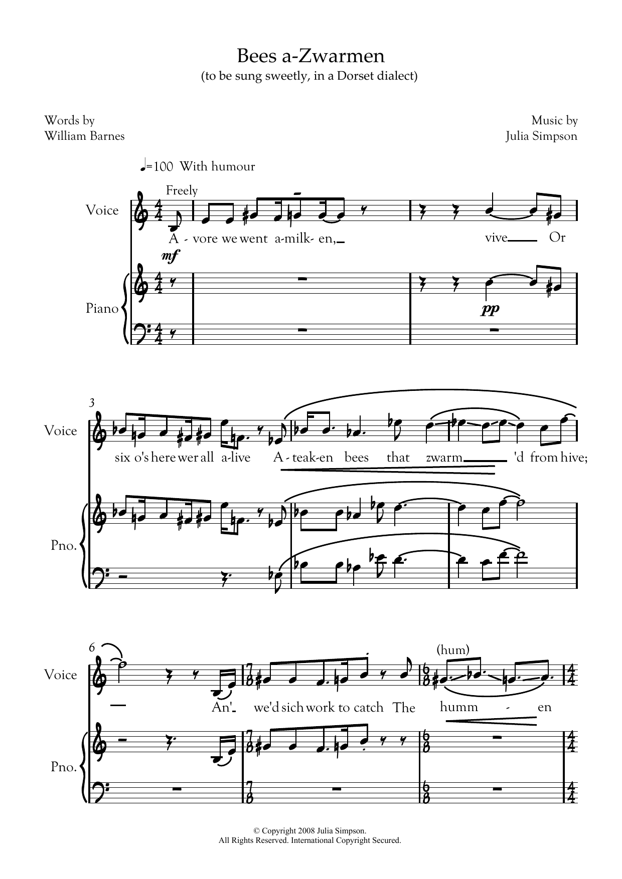 Download Julia Simpson Bees a-zwarmen (for mezzo-soprano & piano) Sheet Music and learn how to play Piano & Vocal PDF digital score in minutes