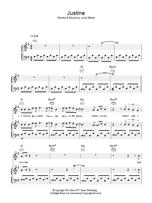Download Julia Stone Justine Sheet Music and learn how to play Piano, Vocal & Guitar (Right-Hand Melody) PDF digital score in minutes