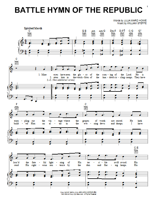 Download Julia Ward Howe Battle Hymn Of The Republic Sheet Music and learn how to play Piano, Vocal & Guitar (Right-Hand Melody) PDF digital score in minutes