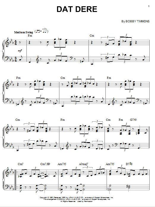 Download Cannonball Adderley Dat Dere Sheet Music and learn how to play Piano Solo PDF digital score in minutes