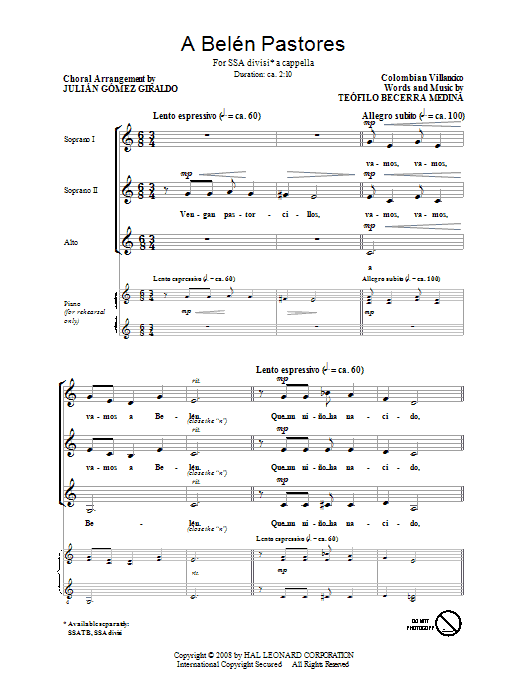Download Teofilo Becerra Medina A Belen Pastores (Villancico) (arr. Julian Gomez Giraldo) Sheet Music and learn how to play SATB PDF digital score in minutes