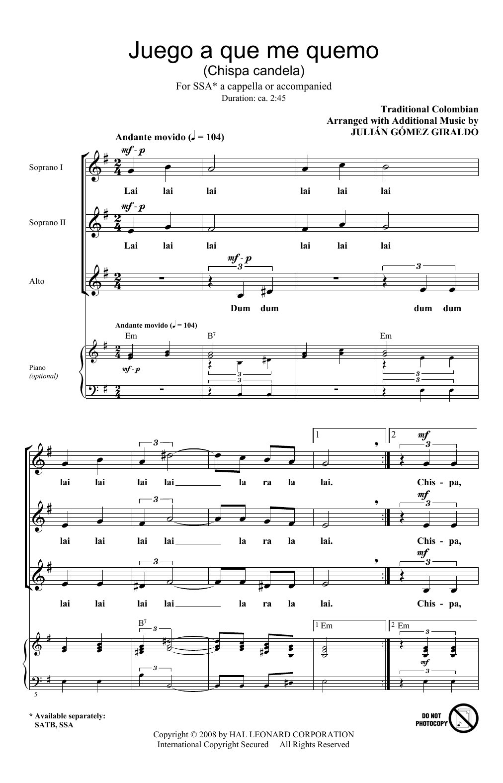 Download Traditional Juego A Que Me Quemo (Chispa Candela) (arr. Julian Gomez Giraldo) Sheet Music and learn how to play SSA PDF digital score in minutes