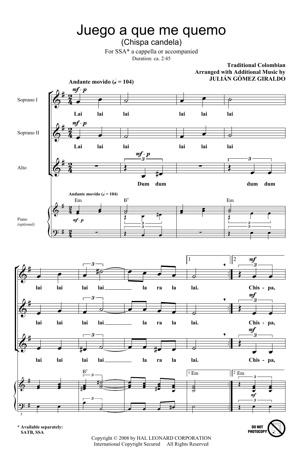 Download Julian Gomez Giraldo Juego A Que Me Quemo (Chispa Candela) Sheet Music and learn how to play SATB PDF digital score in minutes