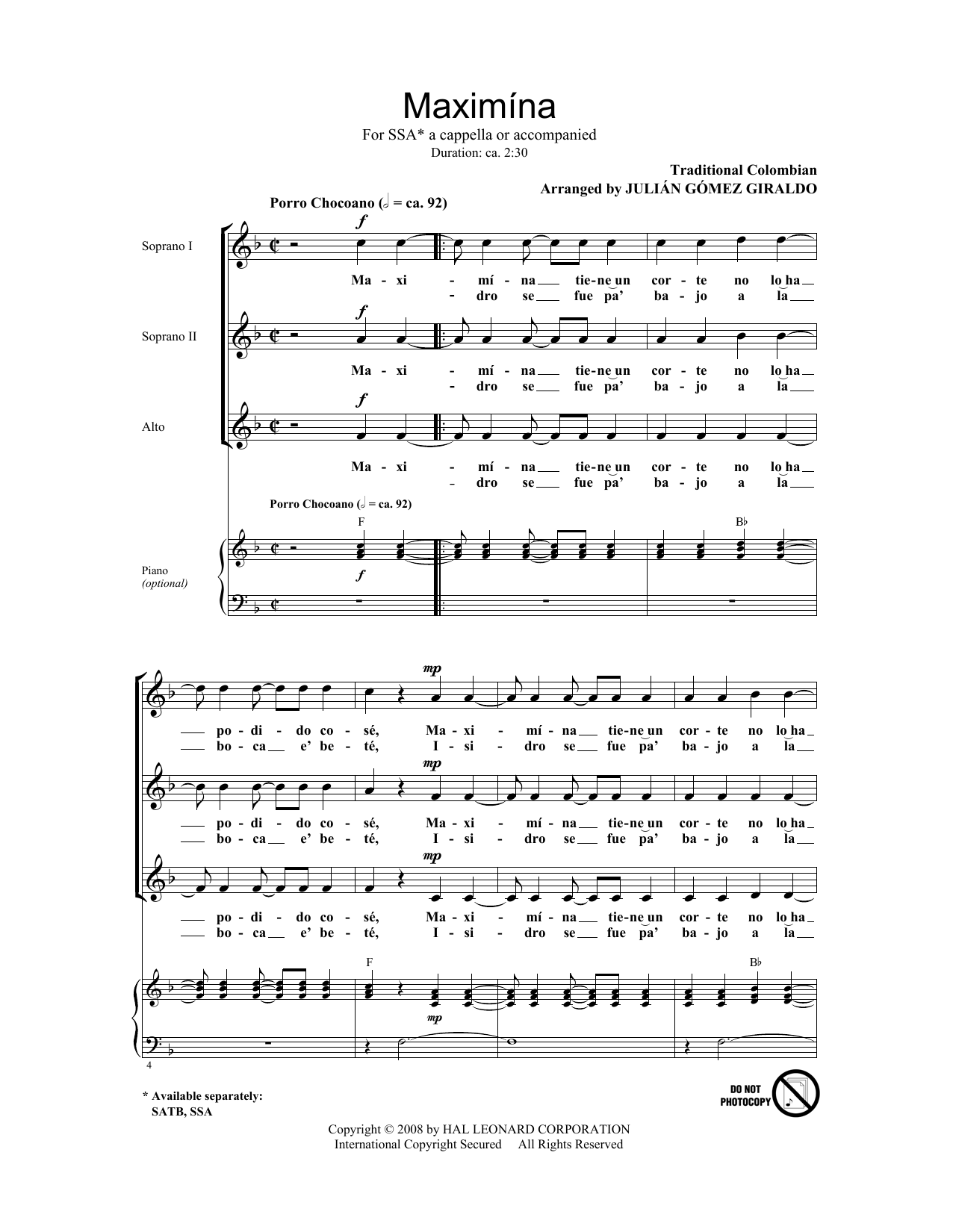 Download Traditional Maximina (arr. Julian Gomez Giraldo) Sheet Music and learn how to play SATB PDF digital score in minutes