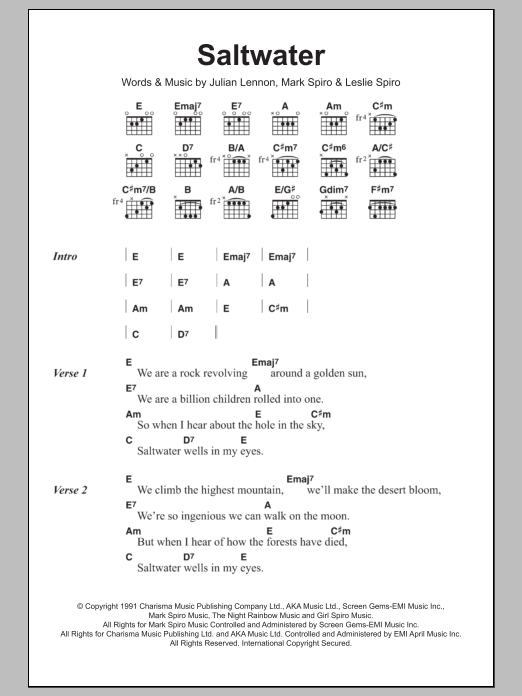 Download Julian Lennon Saltwater Sheet Music and learn how to play Lyrics & Chords PDF digital score in minutes