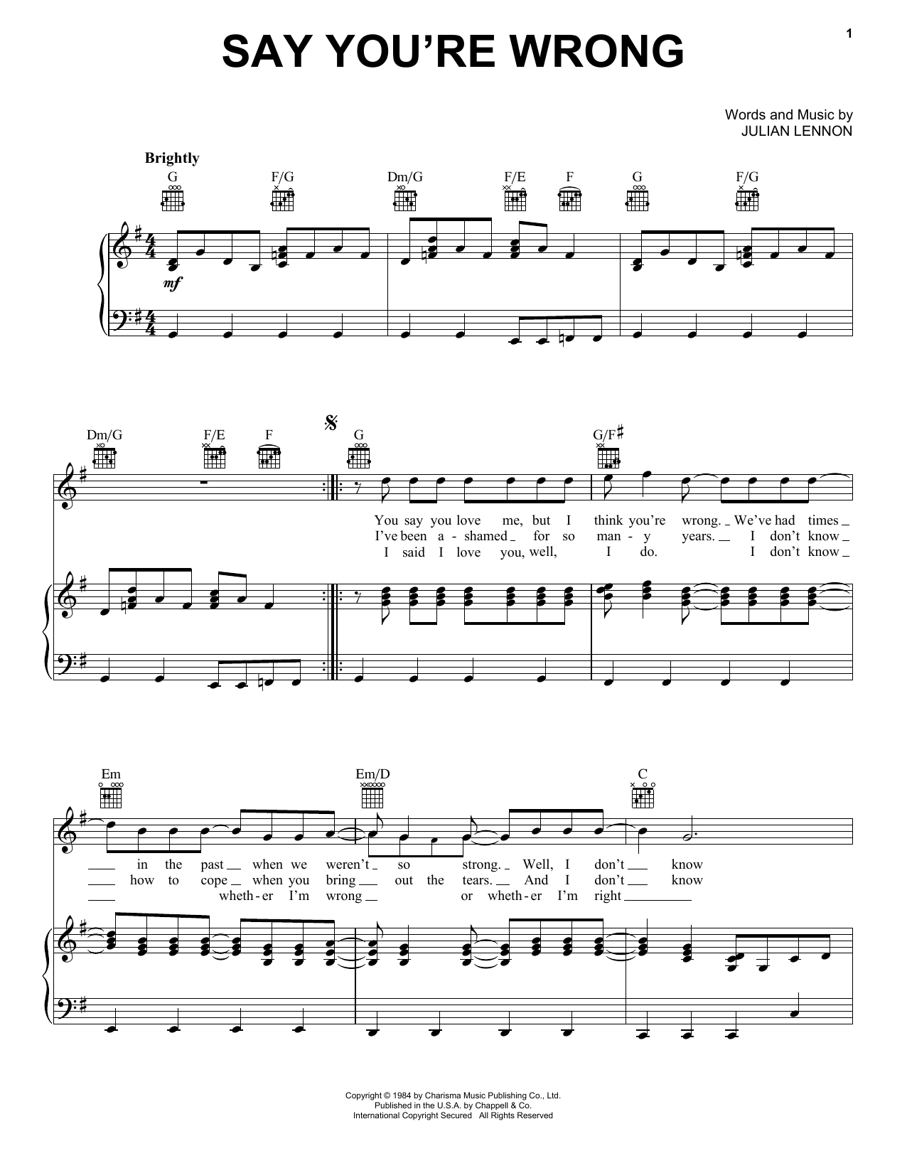 Download Julian Lennon Say You're Wrong Sheet Music and learn how to play Piano, Vocal & Guitar Chords (Right-Hand Melody) PDF digital score in minutes