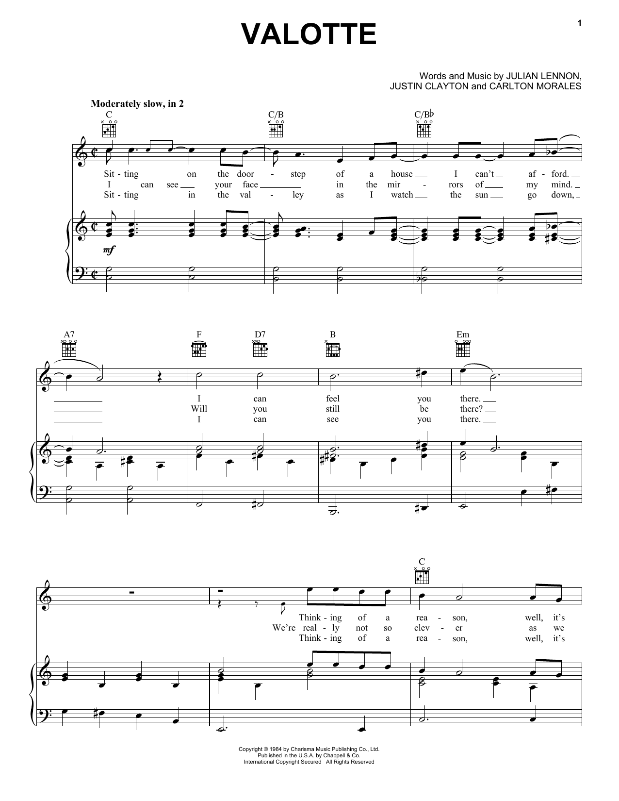 Download Julian Lennon Valotte Sheet Music and learn how to play Piano, Vocal & Guitar Chords (Right-Hand Melody) PDF digital score in minutes