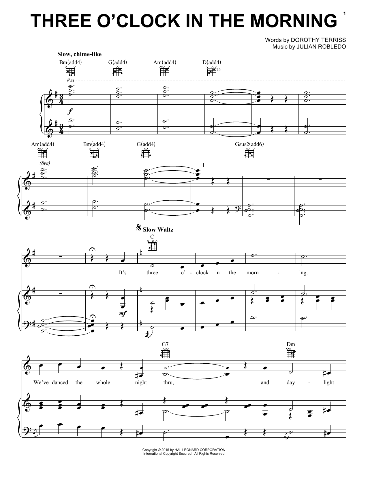 Download Julian Robledo Three O'Clock In The Morning Sheet Music and learn how to play Piano, Vocal & Guitar (Right-Hand Melody) PDF digital score in minutes