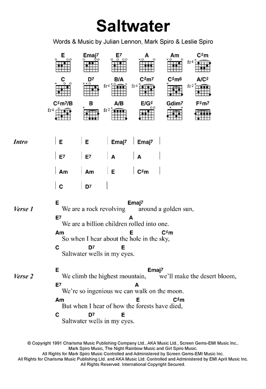 Download Julian Lennon Saltwater Sheet Music and learn how to play Lyrics & Chords PDF digital score in minutes