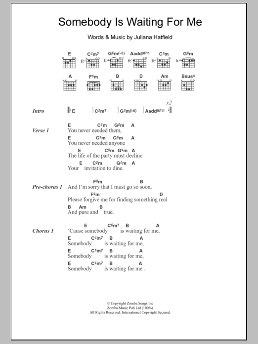 Download Juliana Hatfield Somebody Is Waiting For Me Sheet Music and learn how to play Lyrics & Chords PDF digital score in minutes