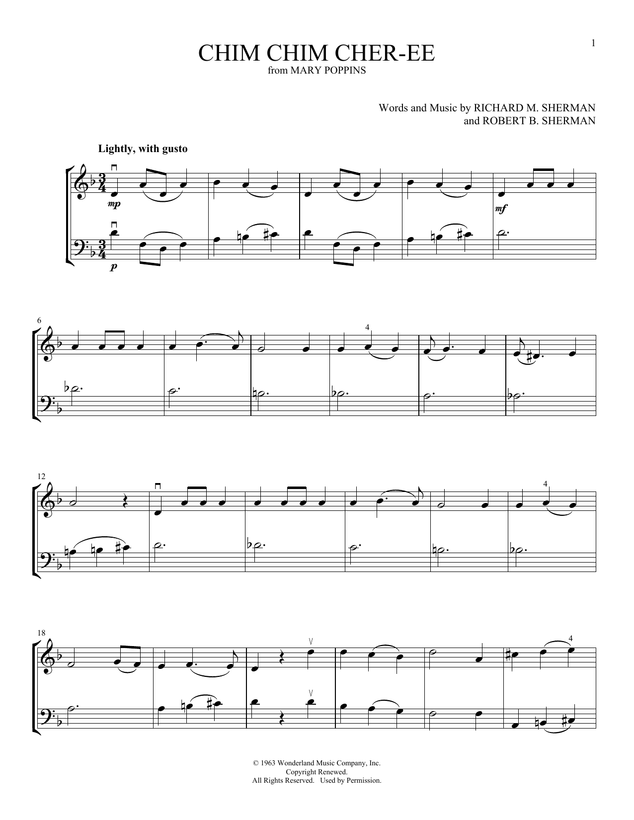 Download Julie Andrews And Dick Van Dyke Chim Chim Cher-ee (from Mary Poppins) (arr. Michelle Hynson) Sheet Music and learn how to play Instrumental Duet PDF digital score in minutes