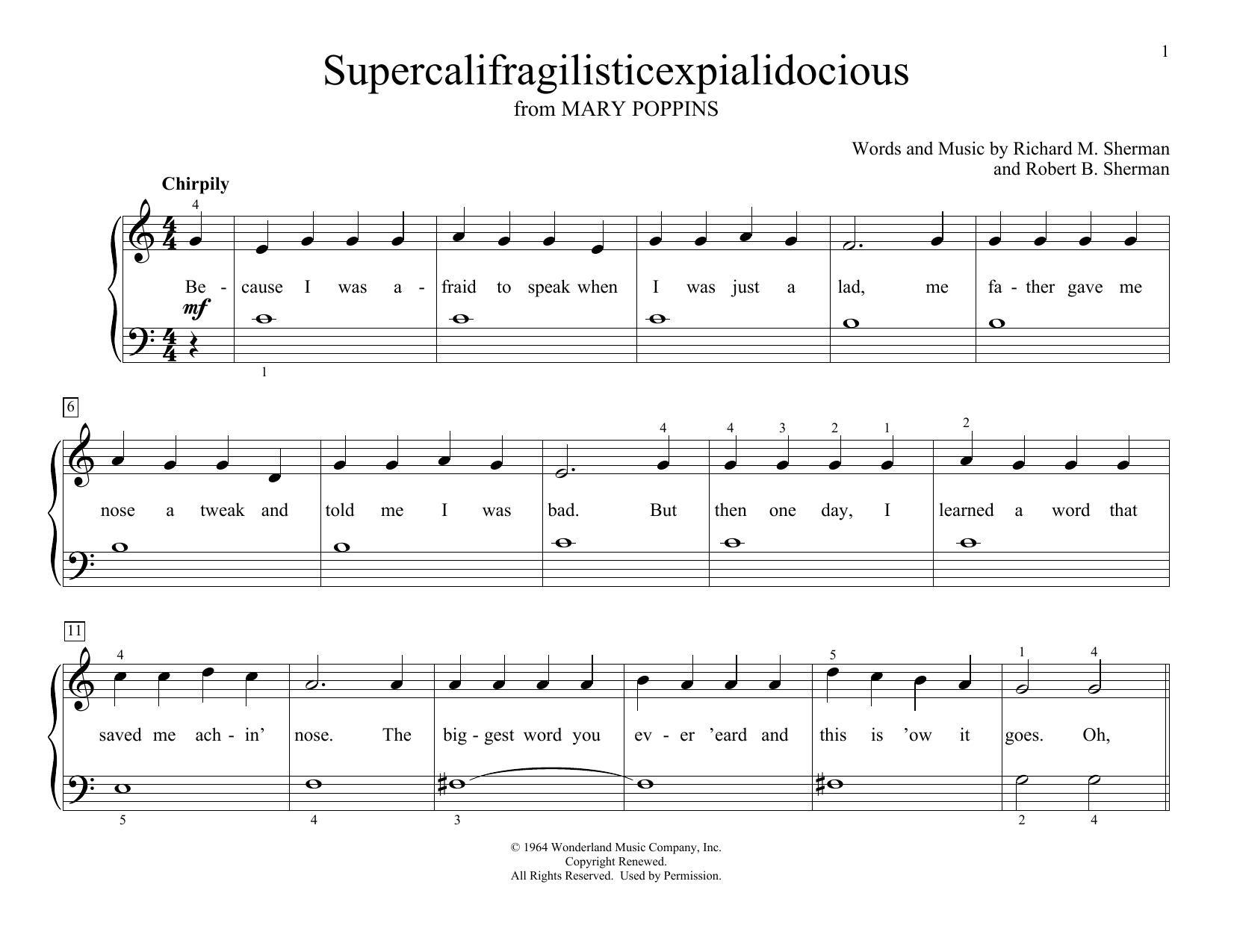 Download Sherman Brothers Supercalifragilisticexpialidocious (from Mary Poppins) (arr. Christopher Hussey) Sheet Music and learn how to play Educational Piano PDF digital score in minutes