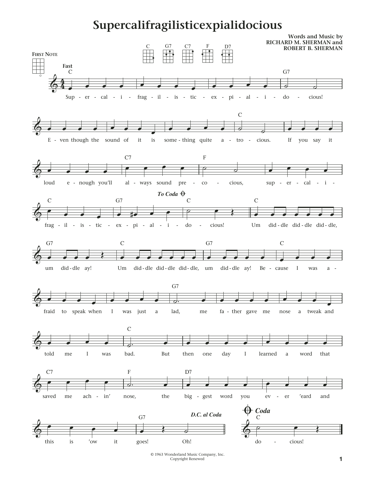Download Robert B. Sherman Supercalifragilisticexpialidocious Sheet Music and learn how to play Ukulele PDF digital score in minutes