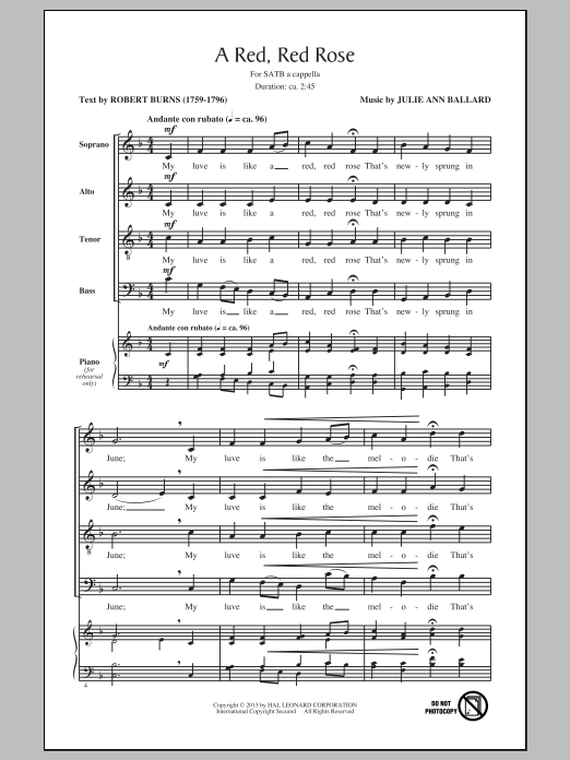Download Julie Ann Ballard A Red, Red Rose Sheet Music and learn how to play SATB PDF digital score in minutes
