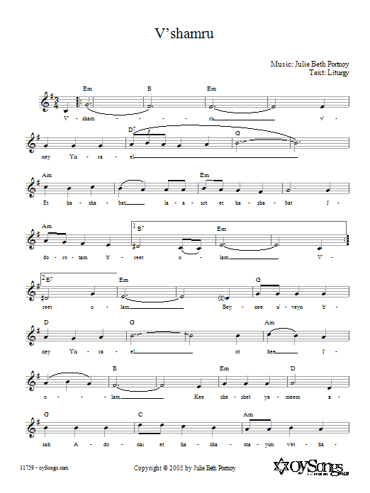 Download Julie Beth Portnoy V'shamru Sheet Music and learn how to play Melody Line, Lyrics & Chords PDF digital score in minutes