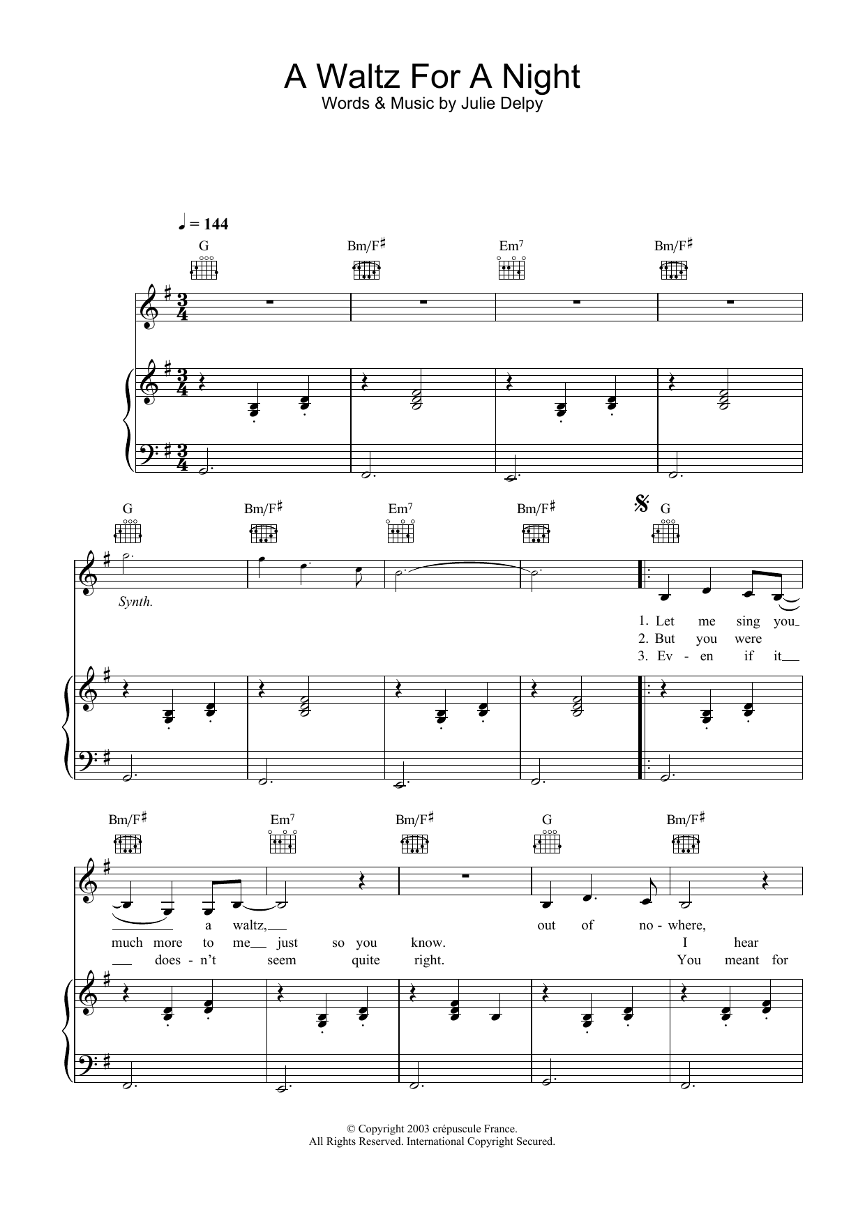 Download Julie Delpy A Waltz For A Night Sheet Music and learn how to play Piano, Vocal & Guitar PDF digital score in minutes