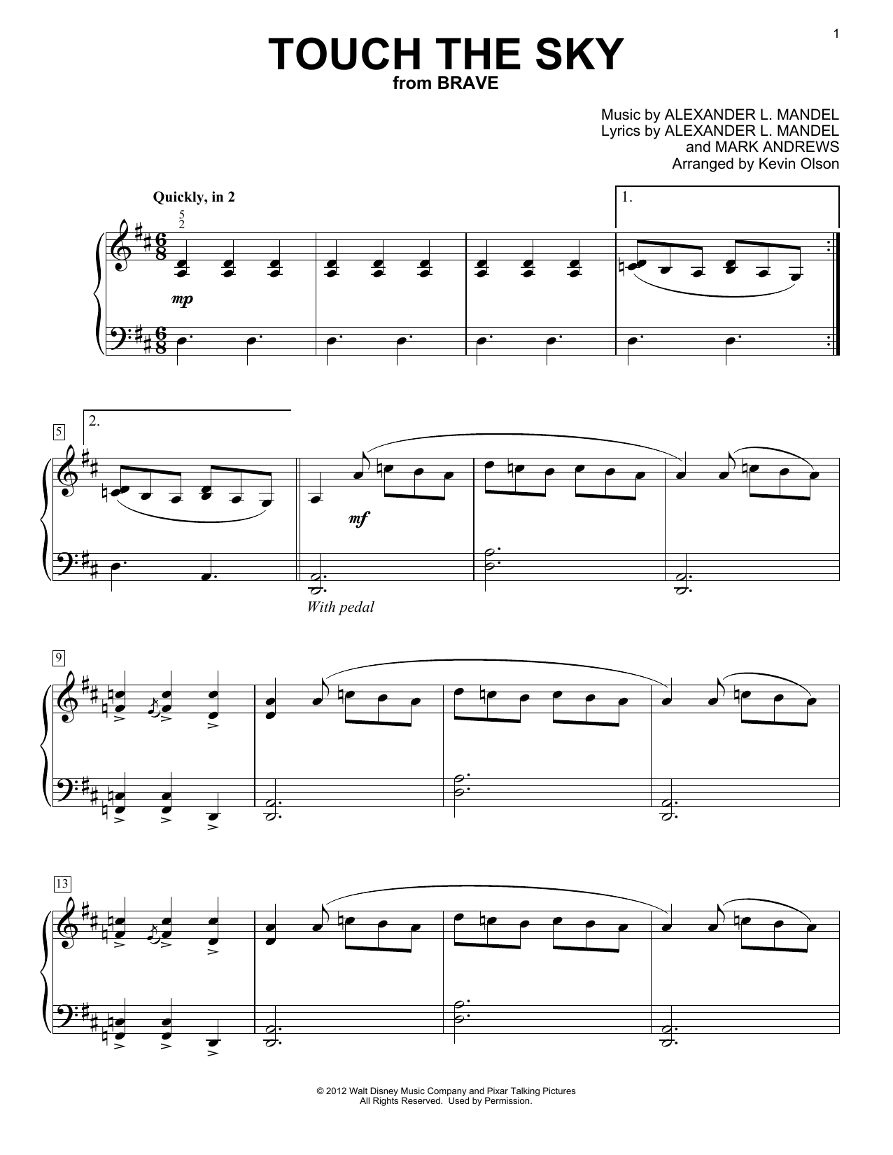 Download Julie Fowlis Touch The Sky (from Brave) (arr. Kevin Olson) Sheet Music and learn how to play Easy Piano Solo PDF digital score in minutes