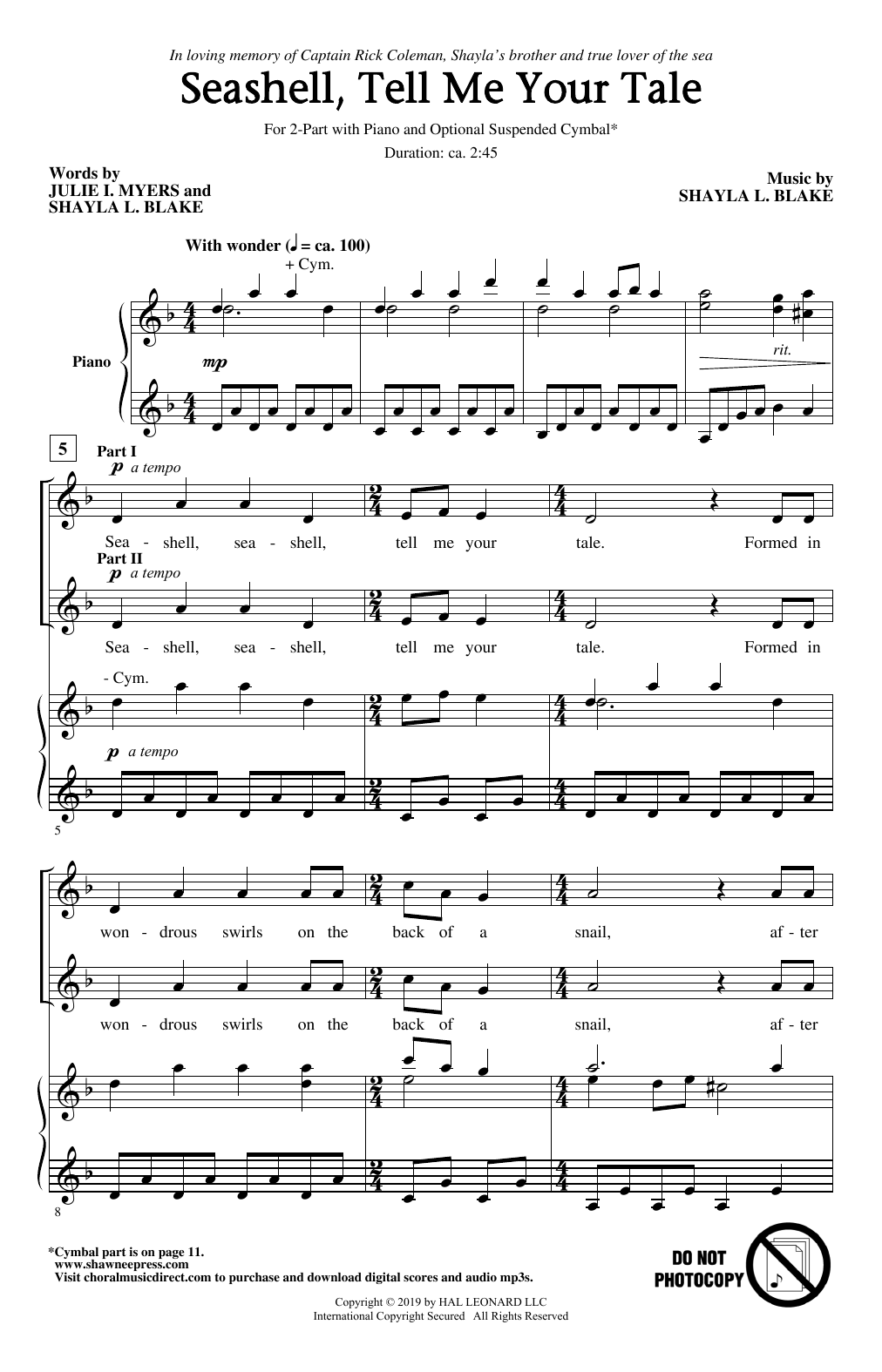 Download Julie I. Myers and Shayla L. Blake Seashell, Tell Me Your Tale Sheet Music and learn how to play 2-Part Choir PDF digital score in minutes