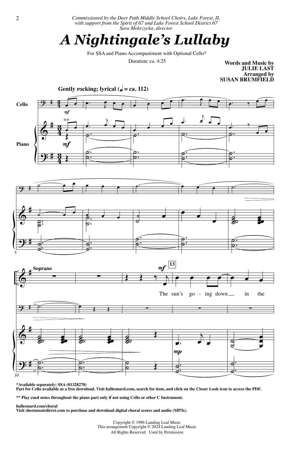 Download Julie Last A Nightingale's Lullaby (arr. Susan Brumfield) Sheet Music and learn how to play SSA Choir PDF digital score in minutes