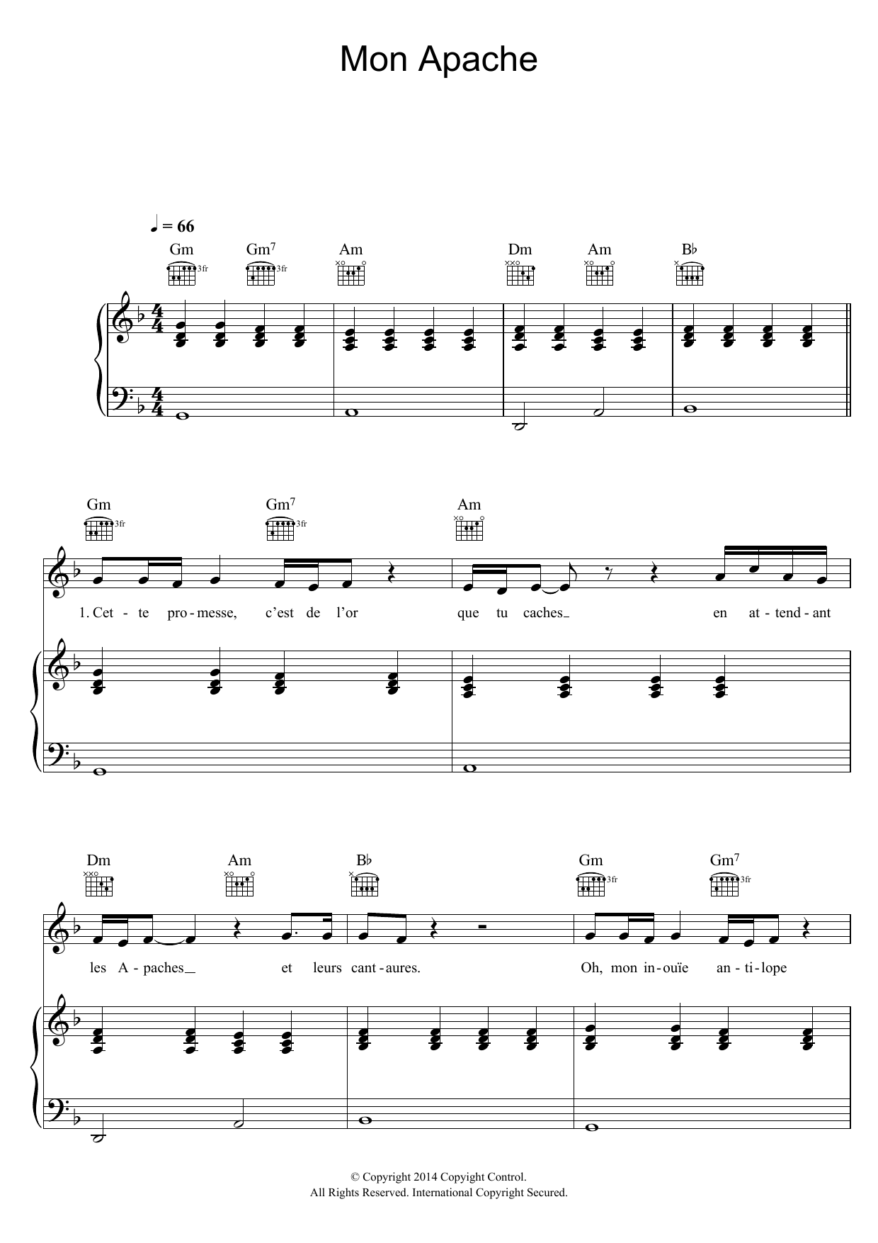 Download Julien Dore Mon Apache Sheet Music and learn how to play Piano, Vocal & Guitar (Right-Hand Melody) PDF digital score in minutes