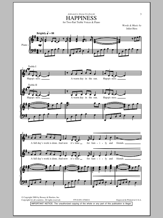 Download Juliet Hess Happiness Sheet Music and learn how to play 2-Part Choir PDF digital score in minutes