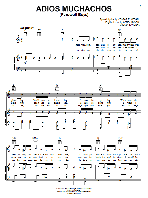 Download Julio Cesar Sanders Adios Muchachos (Farewell Boys) Sheet Music and learn how to play Piano, Vocal & Guitar (Right-Hand Melody) PDF digital score in minutes