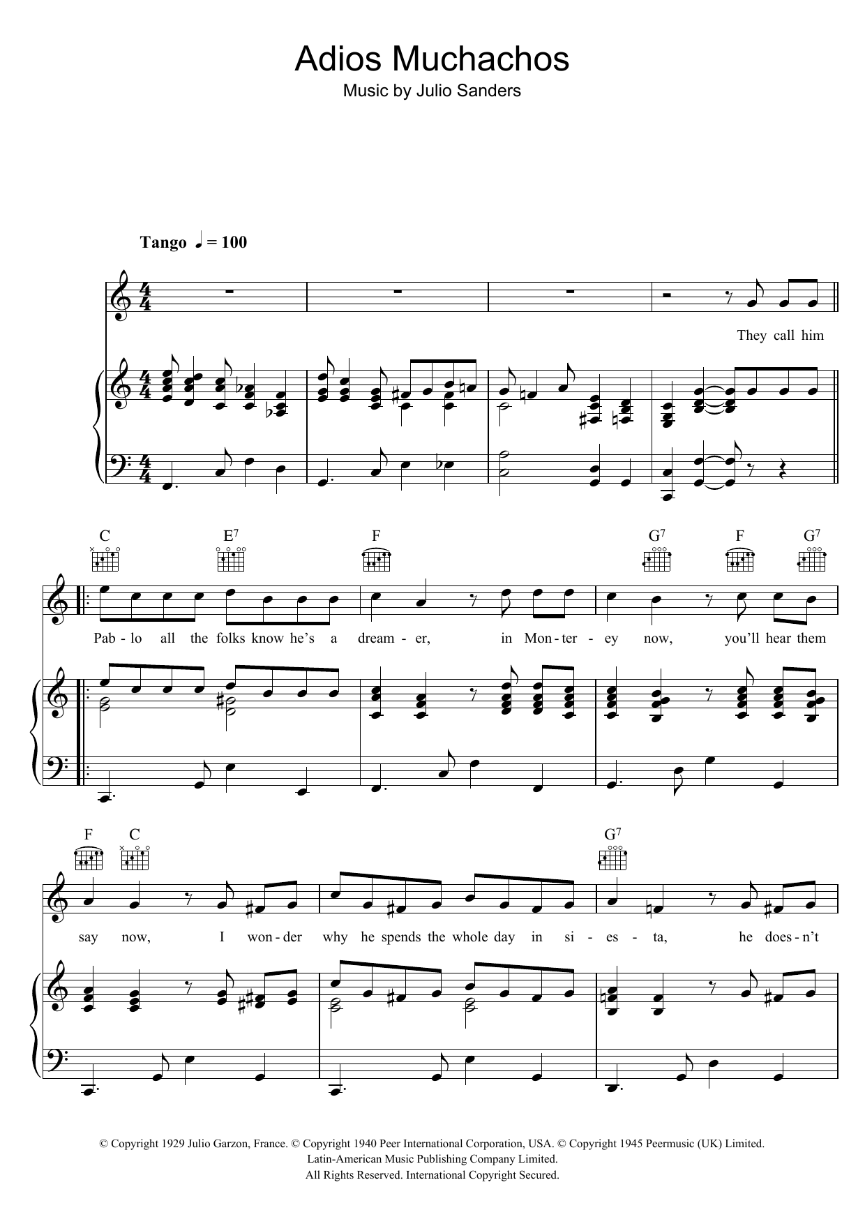 Download Julio Sanders Pablo The Dreamer (Adios Muchachos) Sheet Music and learn how to play Piano, Vocal & Guitar (Right-Hand Melody) PDF digital score in minutes