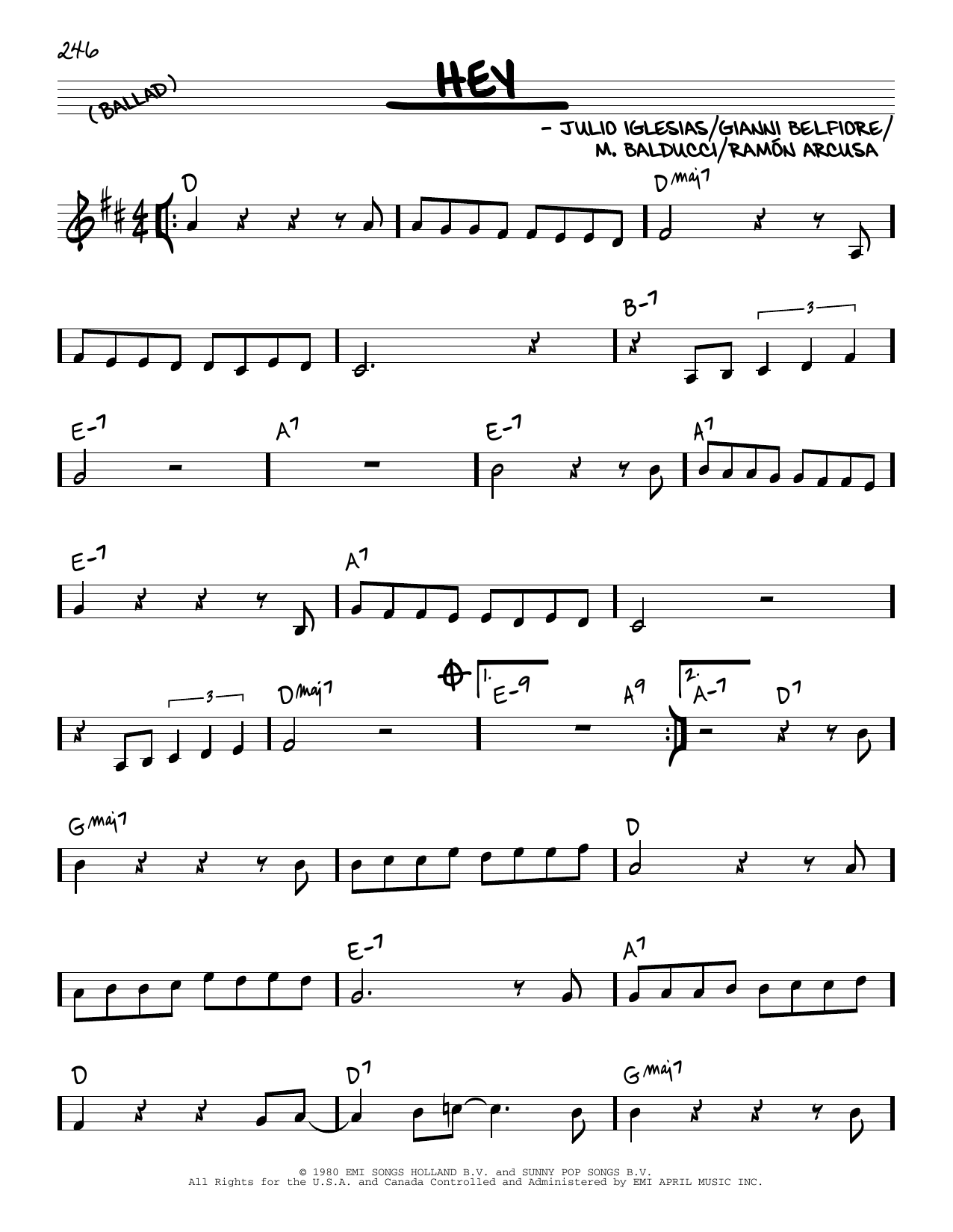 Download Julio Iglesias Hey Sheet Music and learn how to play Real Book – Melody & Chords PDF digital score in minutes