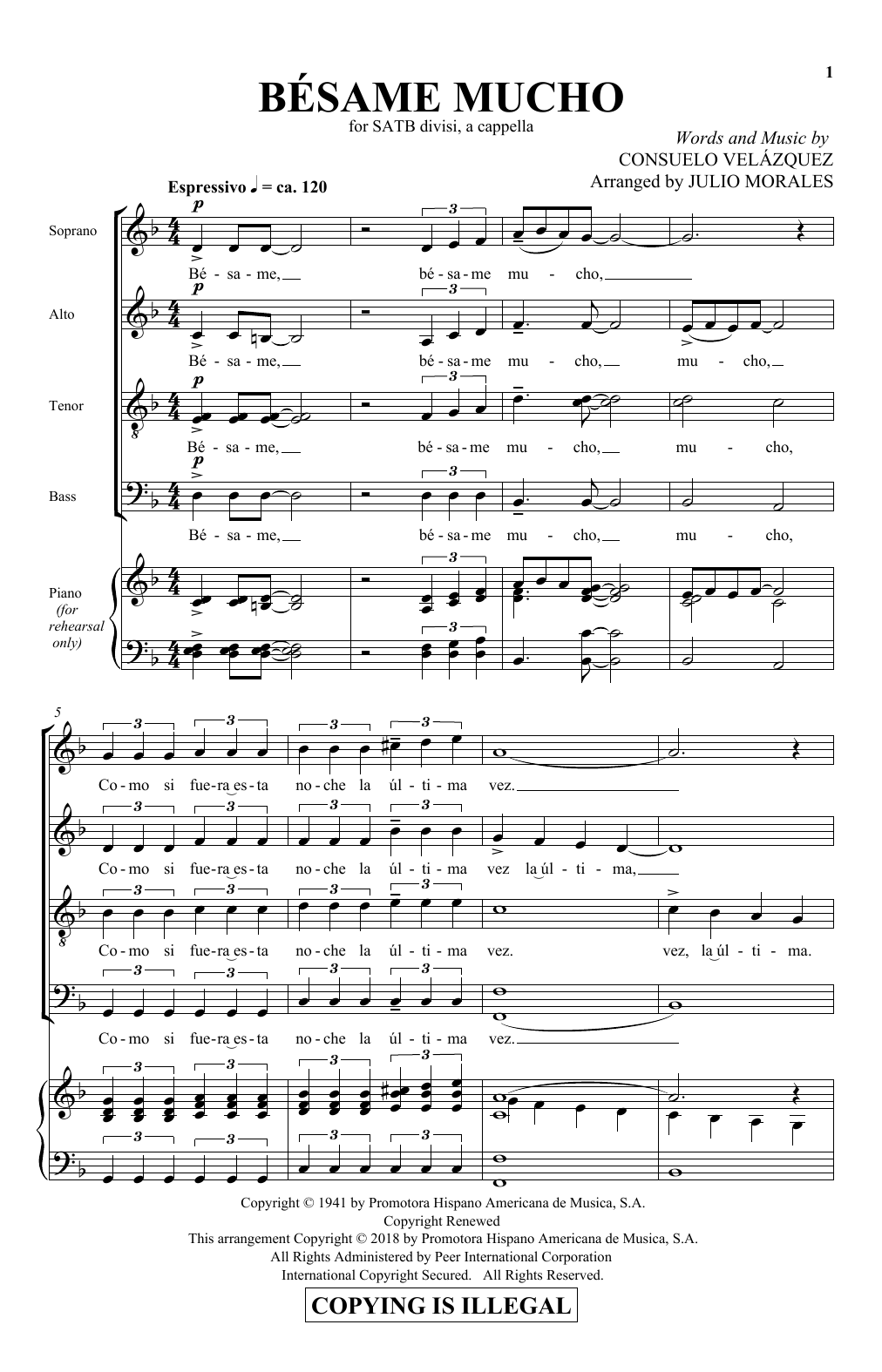 Download Julio Morales Bésame Mucho Sheet Music and learn how to play SATB PDF digital score in minutes