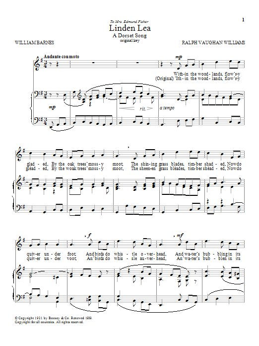 Download Julius Harrison Linden Lea Sheet Music and learn how to play Piano & Vocal PDF digital score in minutes