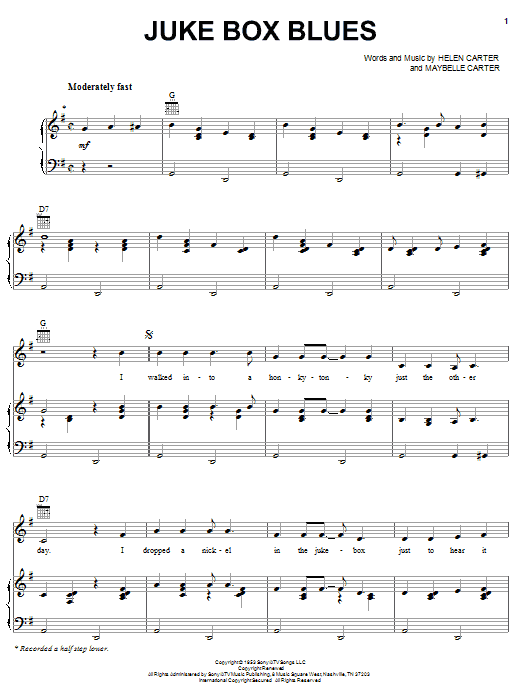 Download June Carter Cash Juke Box Blues Sheet Music and learn how to play Piano, Vocal & Guitar (Right-Hand Melody) PDF digital score in minutes