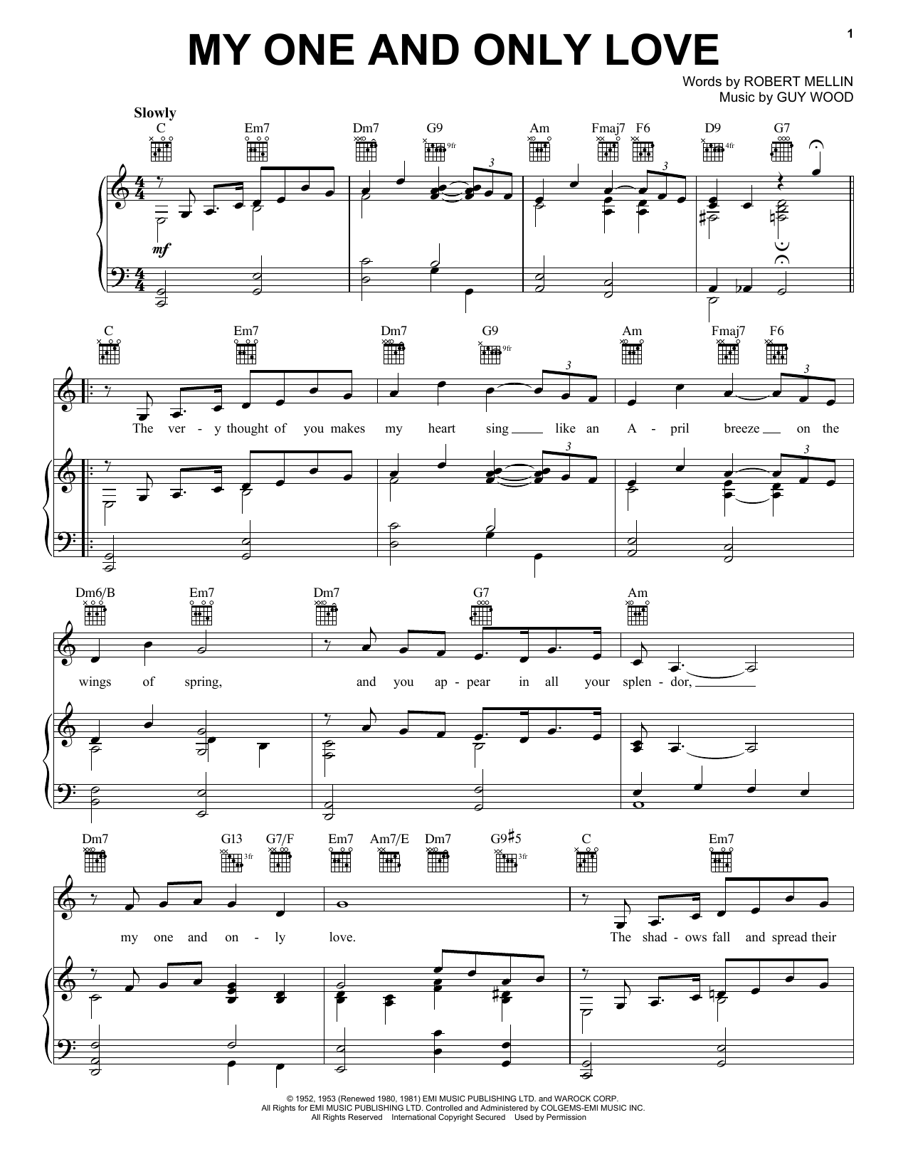 Download June Christy My One And Only Love Sheet Music and learn how to play Piano, Vocal & Guitar (Right-Hand Melody) PDF digital score in minutes