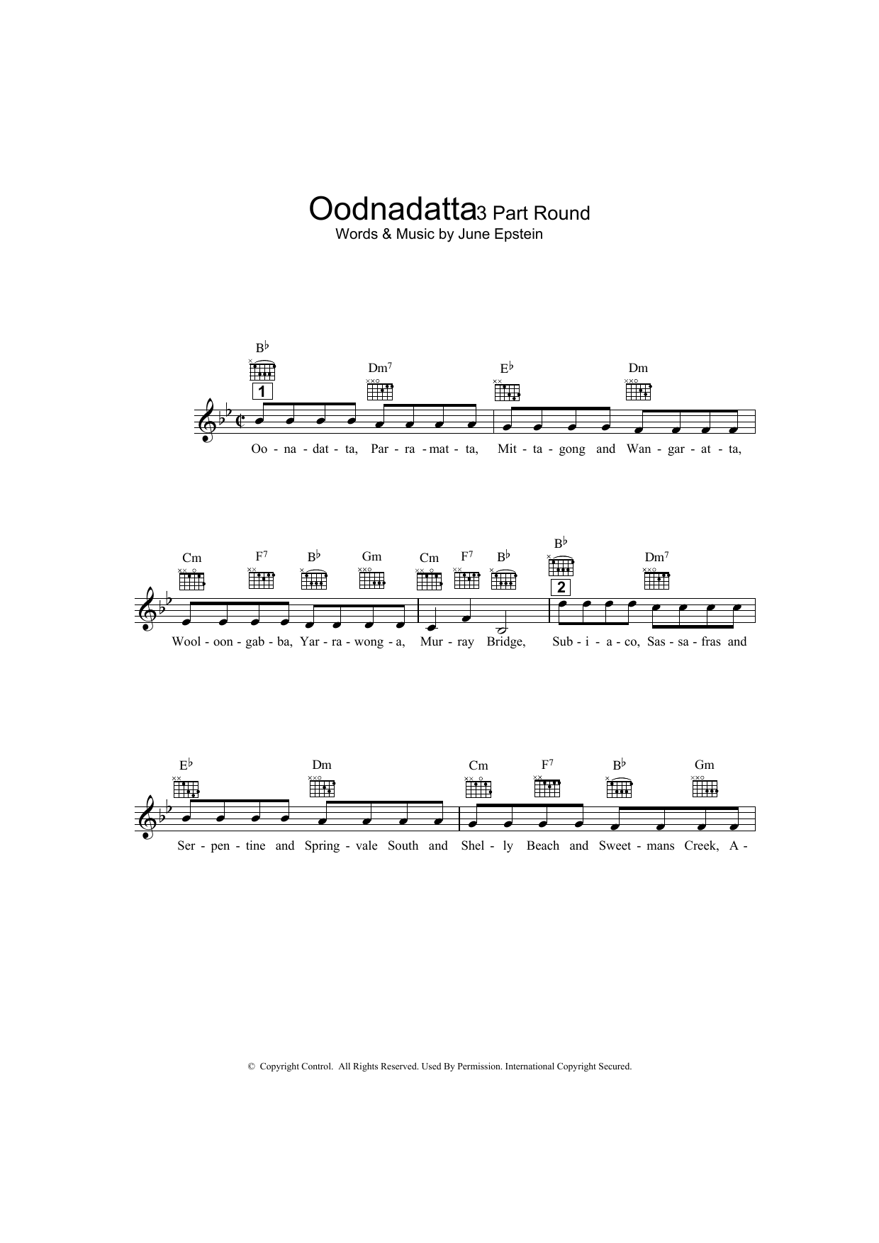 Download June Epstein Oodnadatta Sheet Music and learn how to play Melody Line, Lyrics & Chords PDF digital score in minutes