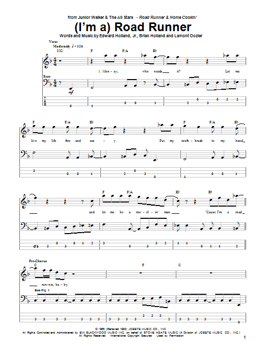 Download Junior Walker & The All Stars (I'm A) Road Runner Sheet Music and learn how to play Bass Guitar Tab PDF digital score in minutes