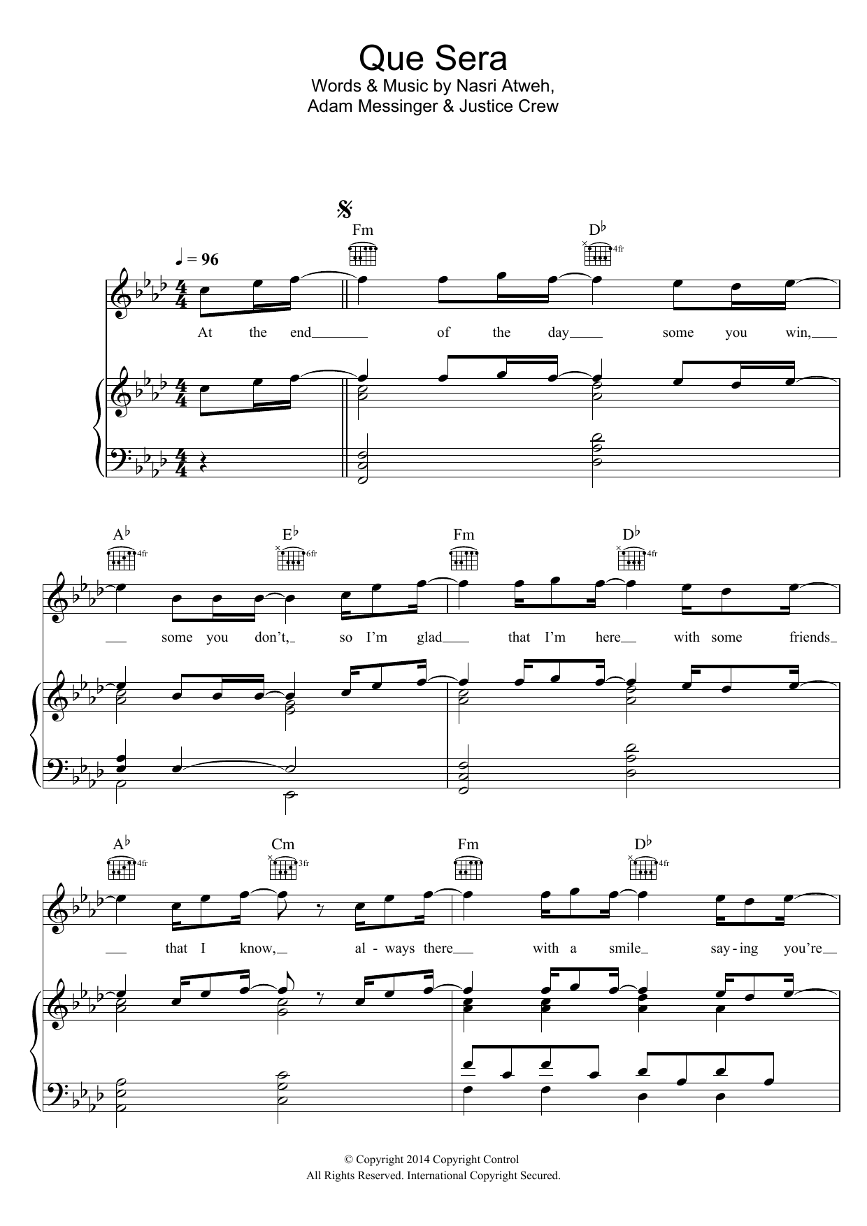 Download Justice Crew Que Sera Sheet Music and learn how to play Piano, Vocal & Guitar (Right-Hand Melody) PDF digital score in minutes