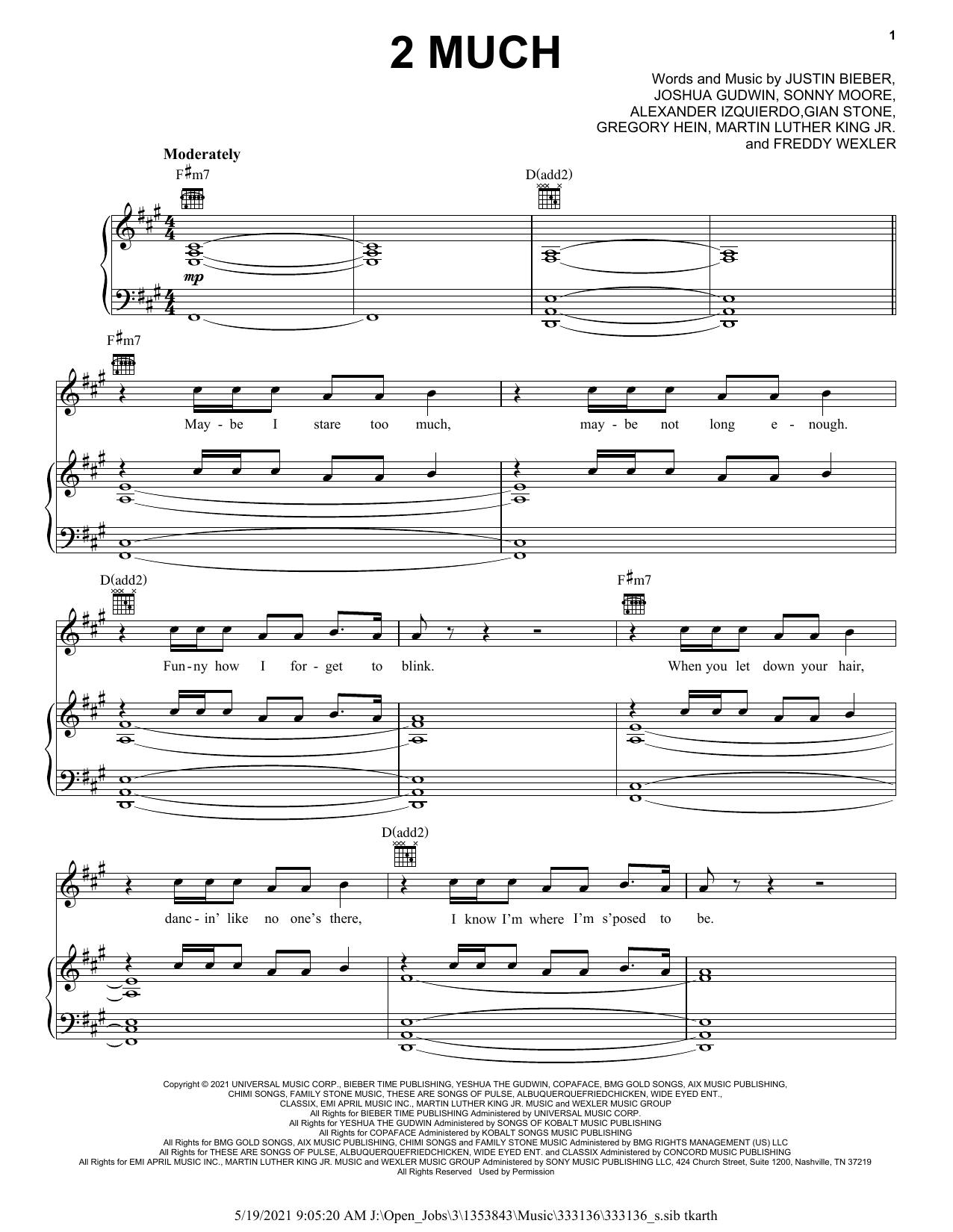Download Justin Bieber 2 Much Sheet Music and learn how to play Piano, Vocal & Guitar Chords (Right-Hand Melody) PDF digital score in minutes
