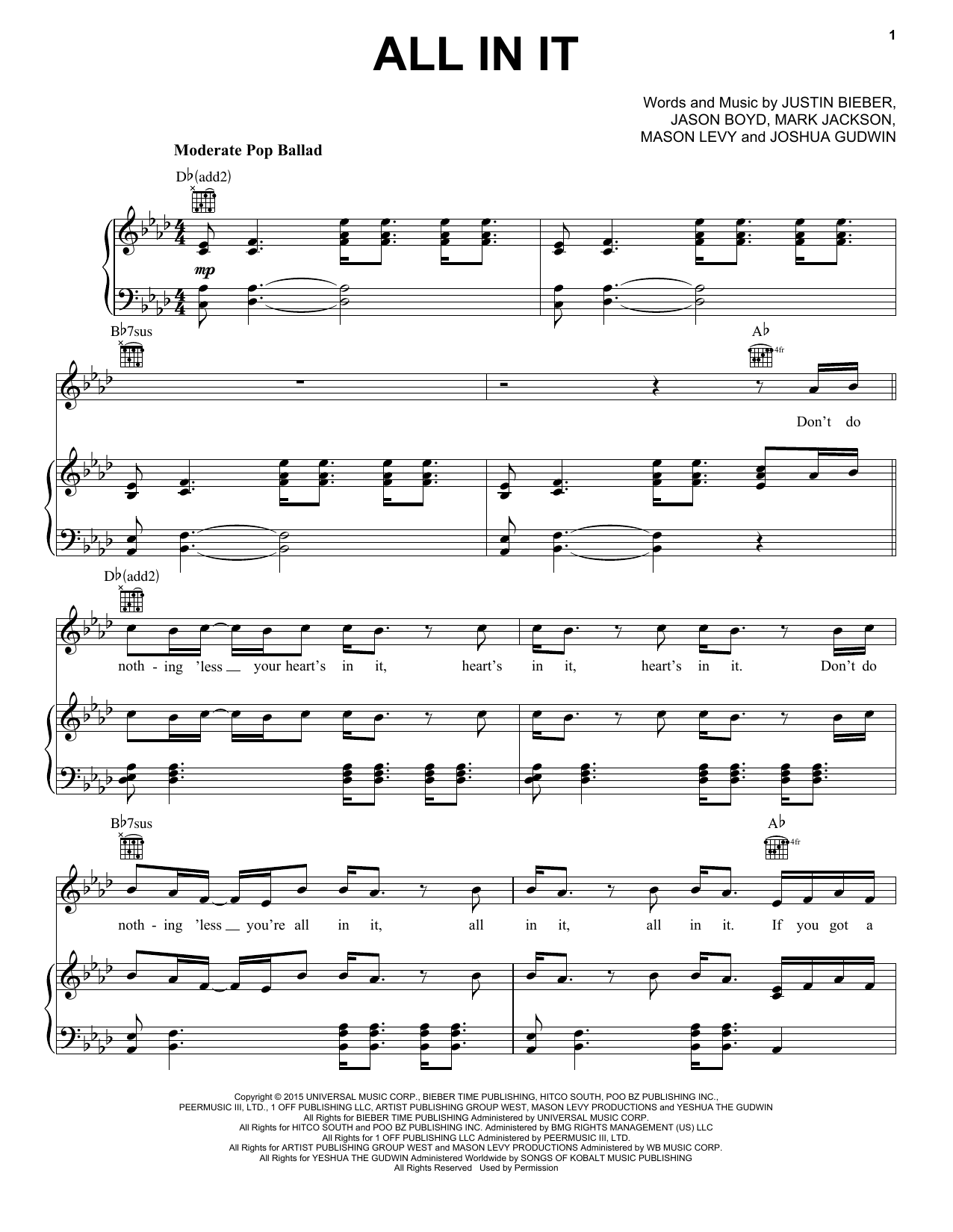 Download Justin Bieber All In It Sheet Music and learn how to play Piano, Vocal & Guitar (Right-Hand Melody) PDF digital score in minutes