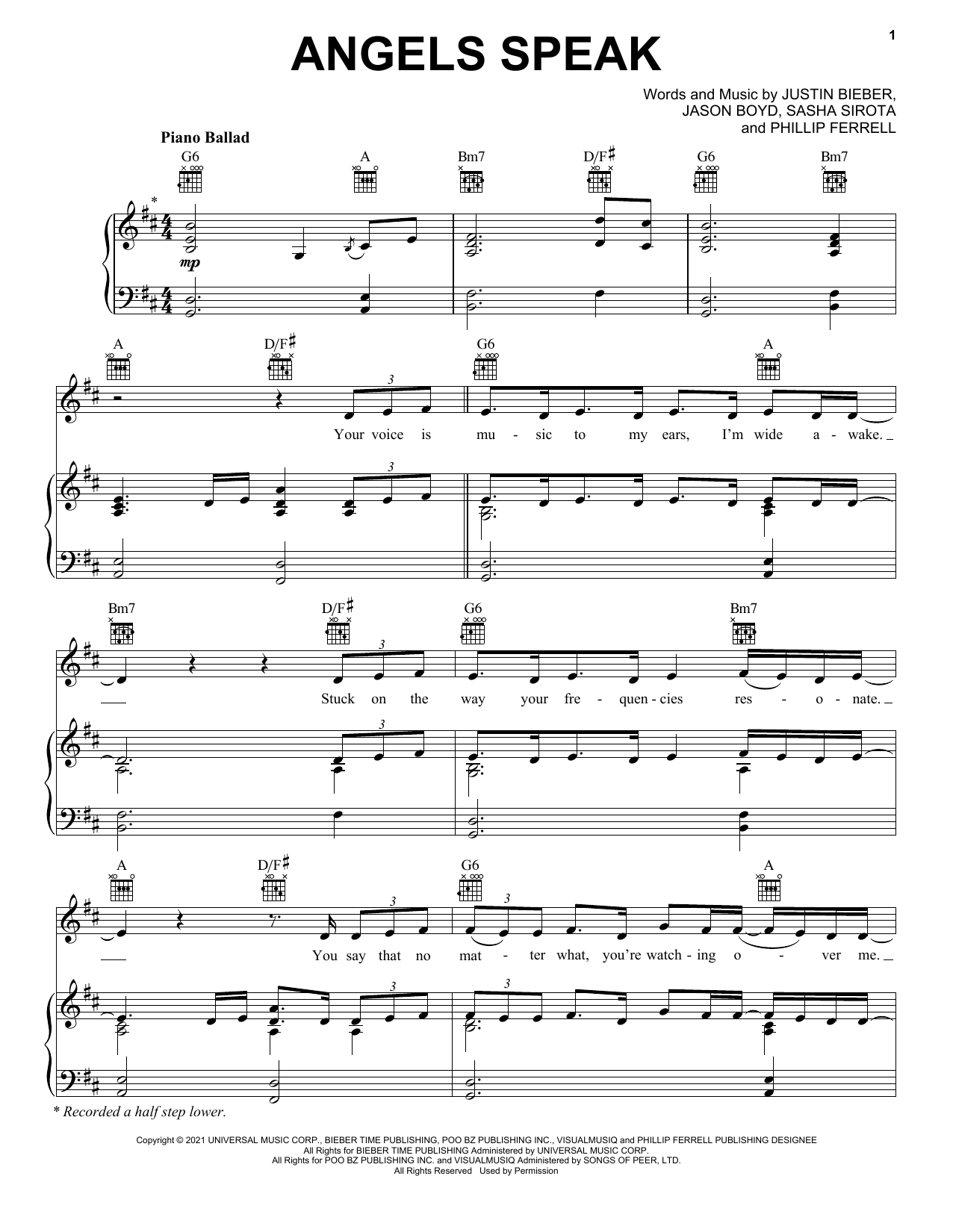 Download Justin Bieber Angels Speak Sheet Music and learn how to play Piano, Vocal & Guitar Chords (Right-Hand Melody) PDF digital score in minutes