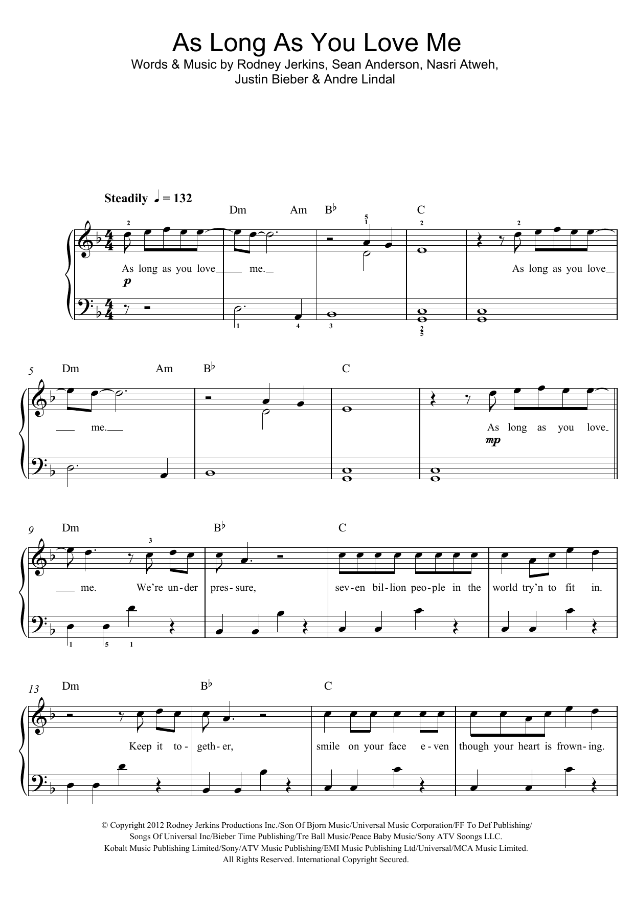 Download Justin Bieber As Long As You Love Me (feat. Big Sean) Sheet Music and learn how to play Beginner Piano PDF digital score in minutes