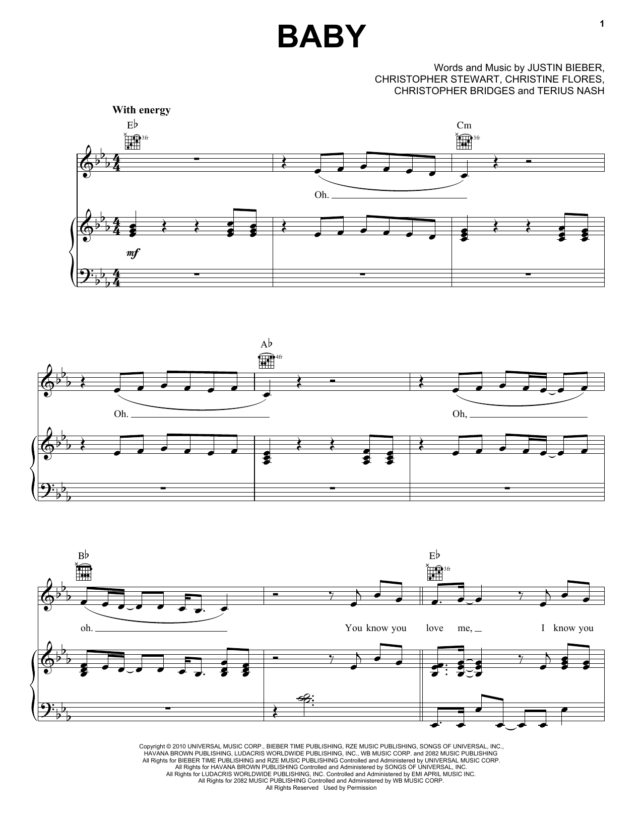 Download Justin Bieber featuring Ludacris Baby Sheet Music and learn how to play Piano, Vocal & Guitar (Right-Hand Melody) PDF digital score in minutes