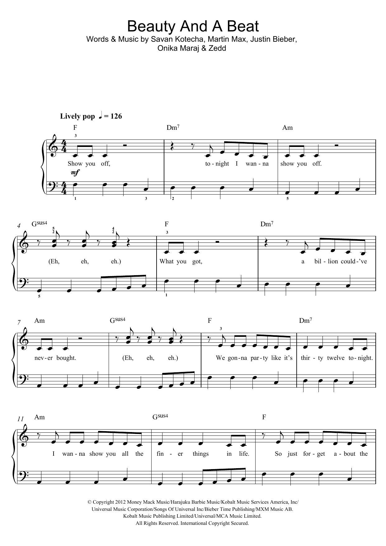 Download Justin Bieber Beauty And A Beat (feat. Nicki Minaj) Sheet Music and learn how to play Beginner Piano PDF digital score in minutes