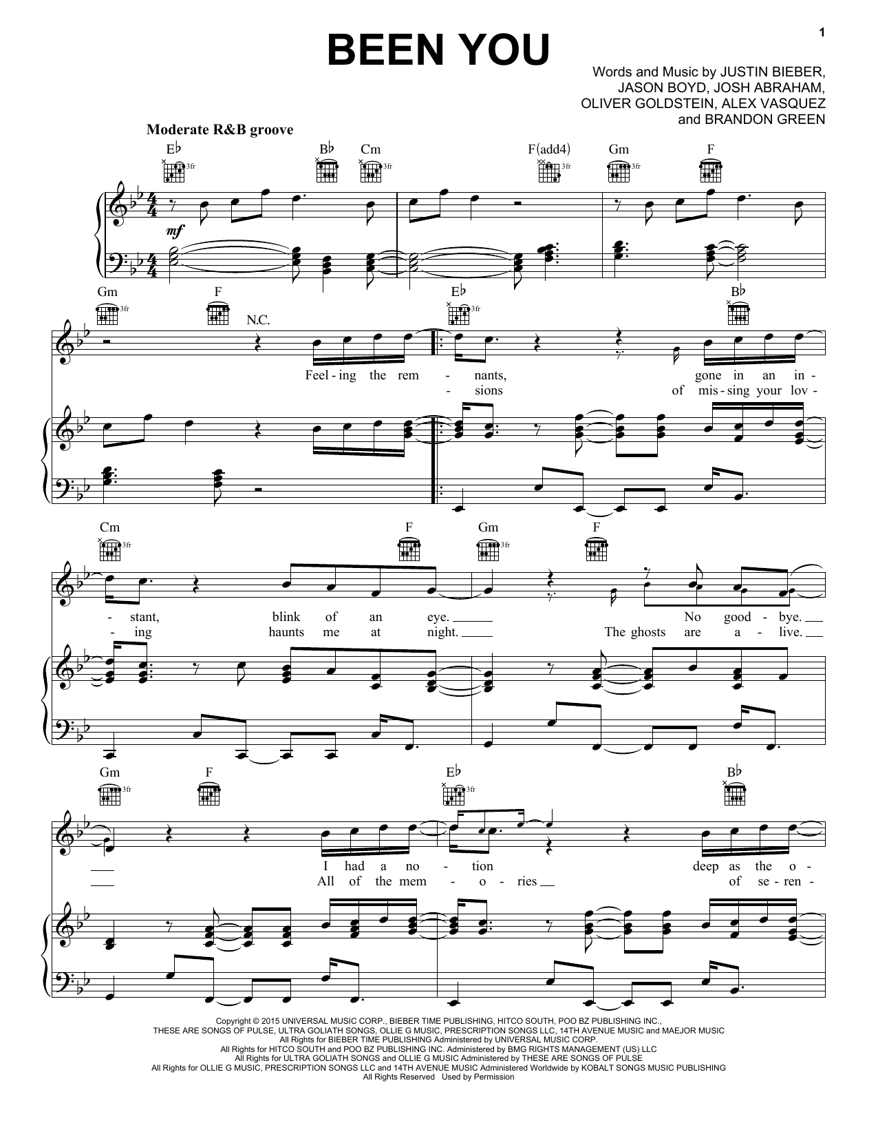 Download Justin Bieber Been You Sheet Music and learn how to play Piano, Vocal & Guitar (Right-Hand Melody) PDF digital score in minutes