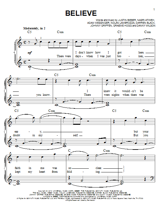 Download Justin Bieber Believe Sheet Music and learn how to play Piano, Vocal & Guitar (Right-Hand Melody) PDF digital score in minutes