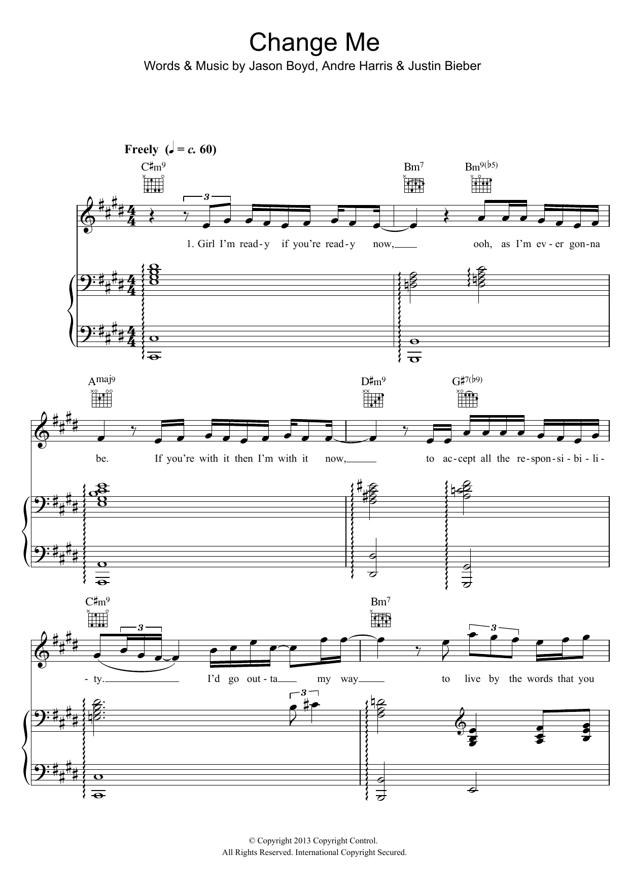 Download Justin Bieber Change Me Sheet Music and learn how to play Piano, Vocal & Guitar (Right-Hand Melody) PDF digital score in minutes